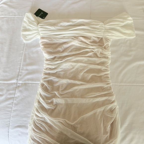 White Off Shoulder Ruched Mini Dress - Picture 2 of 5
